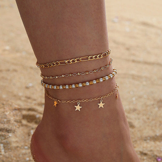 Foot Accessories Bead Tassel Five-pointed Star Simple Chain 4-piece Beach Fashion Anklet